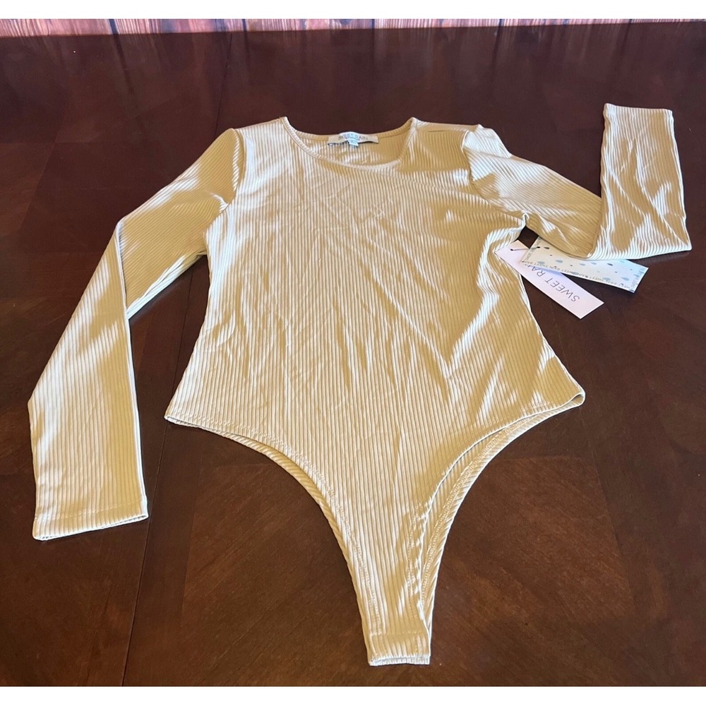 Sweet Rain Womens Ribbed Long Sleeve Bodysuit Tan Beige Crew Neck Thong  M
